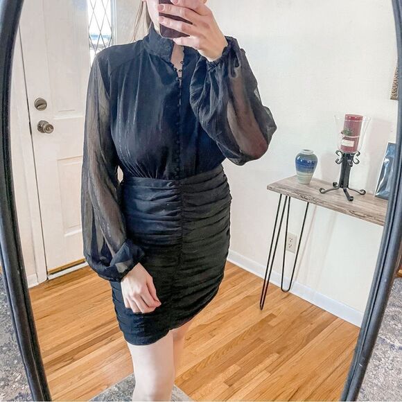 House of Harlow 1960 Ruched Long Sleeve Mini Dress 6 - Picture 1 of 8